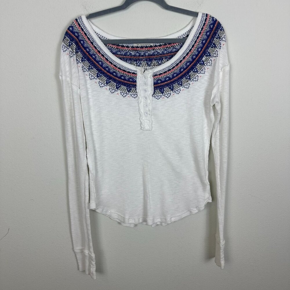 We The Free Fair isle Embroidered Henley L Winter Casual Lounge Soft Stretch